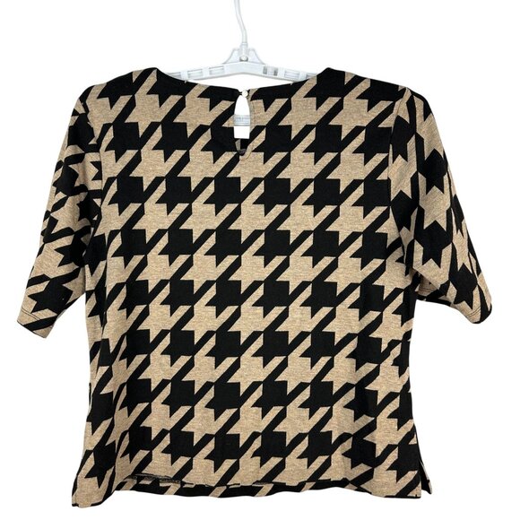 Liz Claiborne Womens Houndstooth Print Blouse XL Black Tan Short Sleeve Top - Picture 2 of 4
